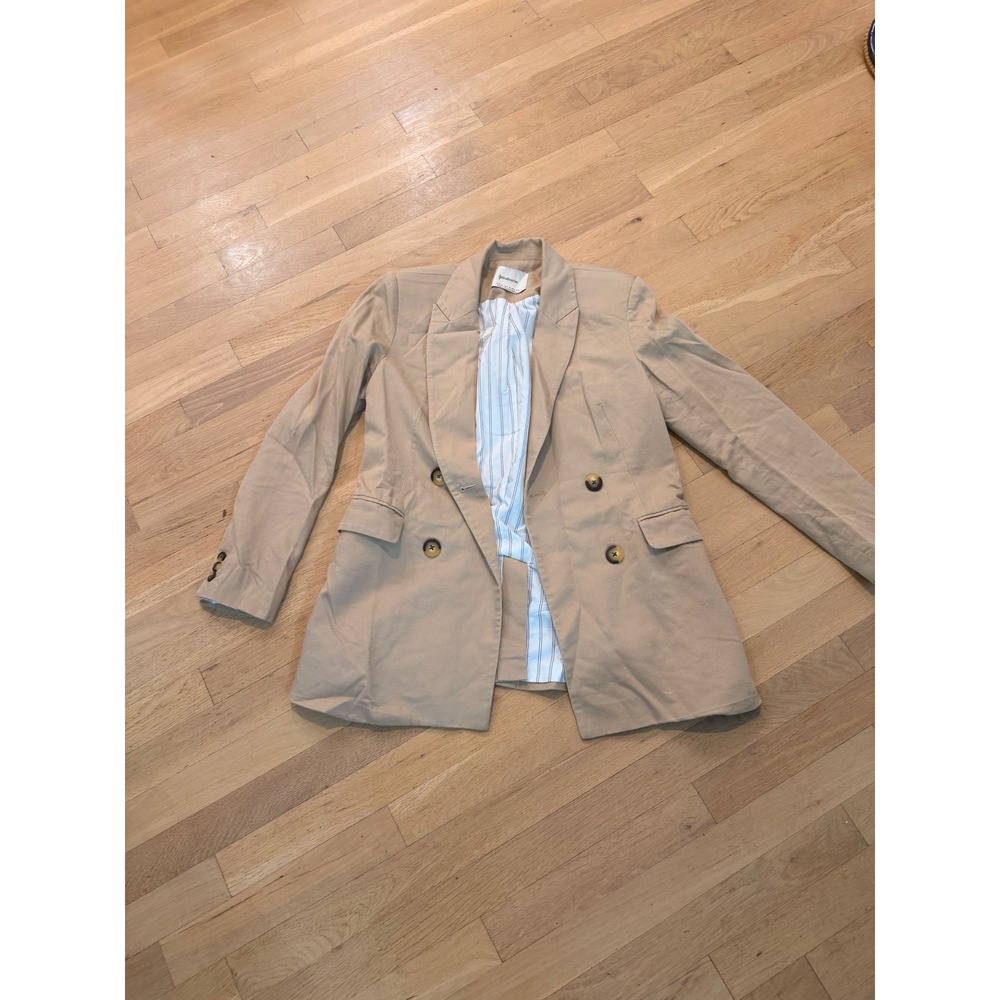 Stradivarius Tan Khaki Double Breasted Blazer Pinstripe Lining Size M 04208